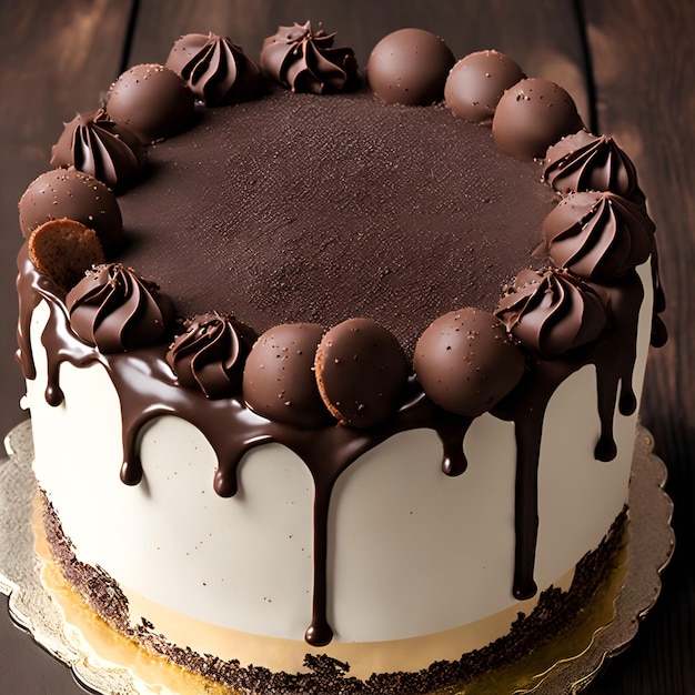 A cake with chocolate and oreo balls on top of it.