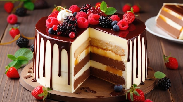 A cake with chocolate and raspberries on it