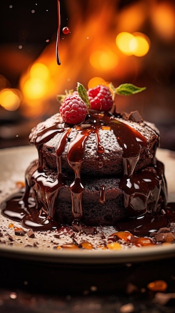 a cake with chocolate and raspberry sauce on top of it