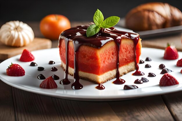 A cake with chocolate sauce and a strawberry on the top.