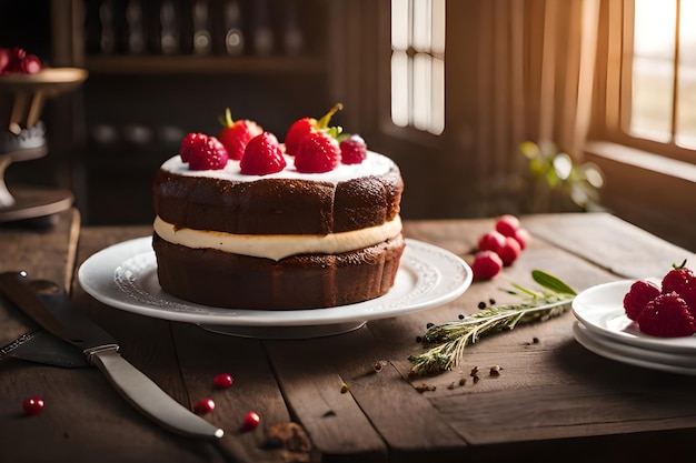 チョコレート ストロベリーとバニラが乗ったケーキがコーヒーの前のテーブルに置かれています