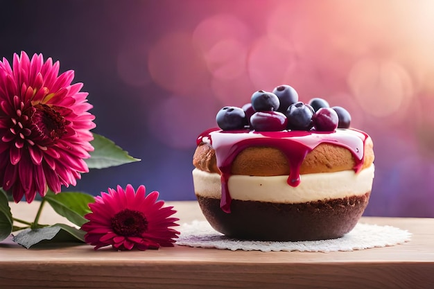 A cake with chocolate and vanilla frosting with purple flowers