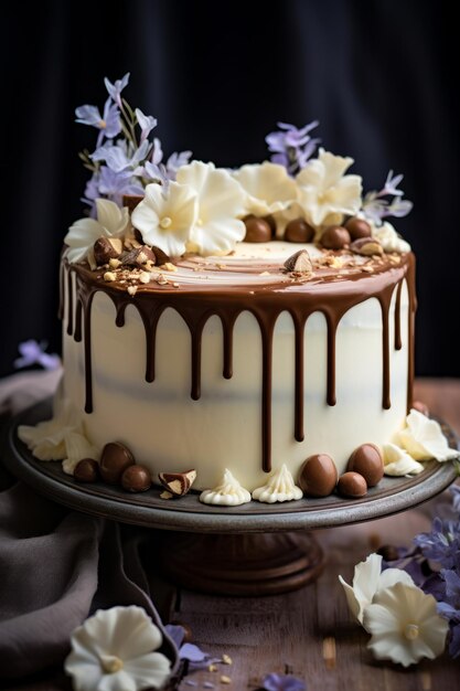 천으로 된 접시에 초콜릿과  꽃이 있는 케이크