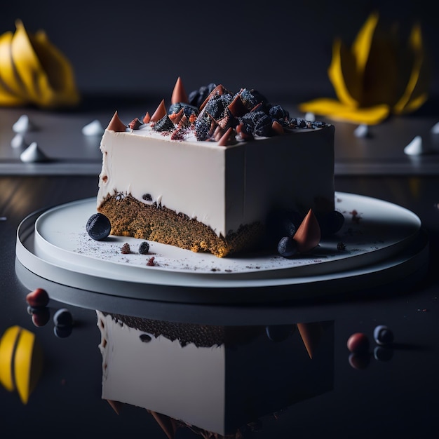 チョコレートと白いフロスティングが施され、上部にチョコレートバーが乗っているケーキ。