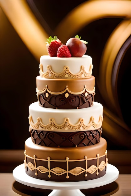 A cake with chocolate and white icing and a strawberry on top.