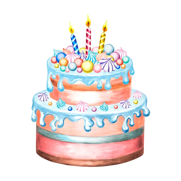 Cake with colorful meringues sugar balls marmalades and candles watercolor illustrations