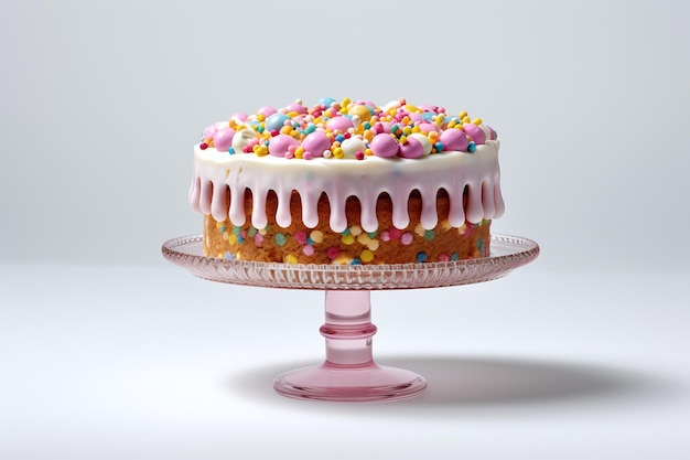 A cake with colorful sprinkles on it is on a white table.