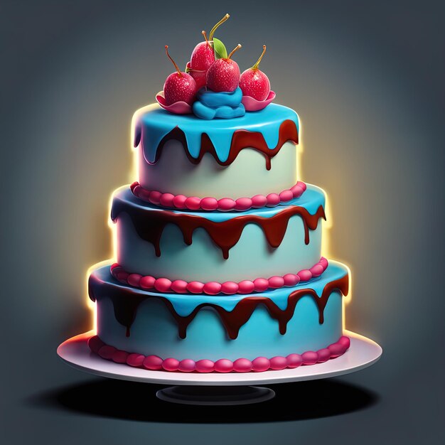 cake with cream on a dark backgroundbirthday cake with berries and candles 3 d illustration