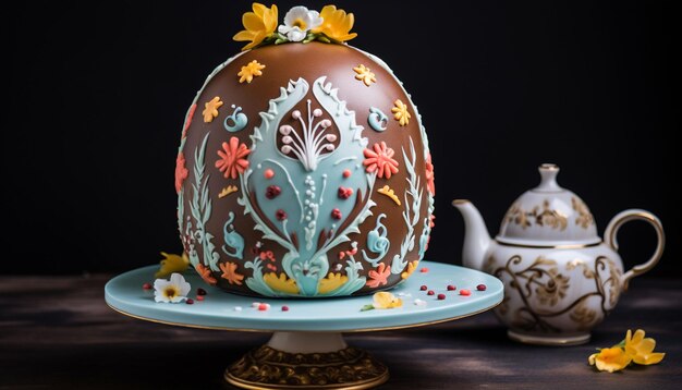 Photo a cake with a decorated easter egg on it
