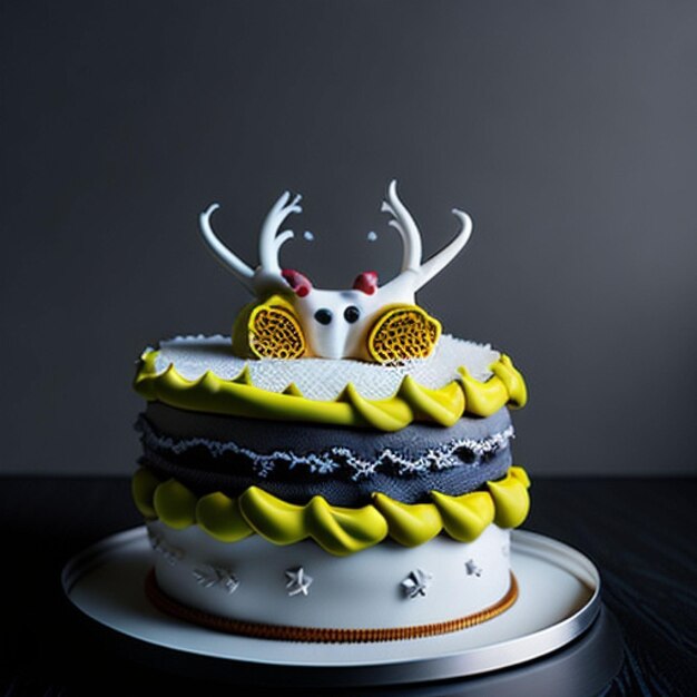 Photo a cake with a deer on it and a yellow ribbon around the top.