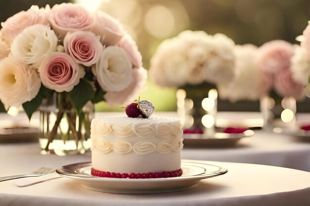 A cake with a diamond ring on the top.