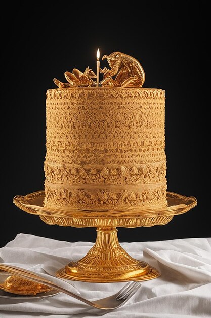 A cake with a dragon on it is on a stand.