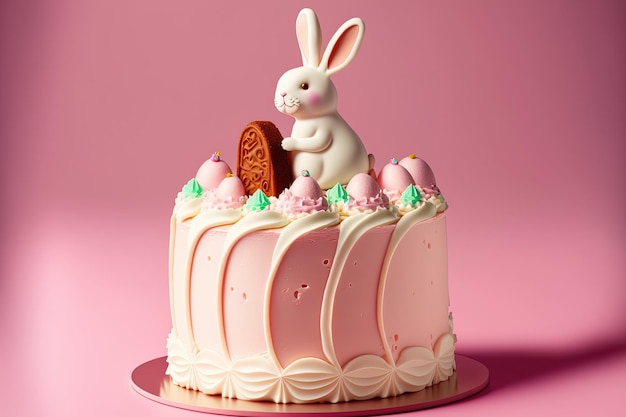 Cake with the Easter bunny with a pink background