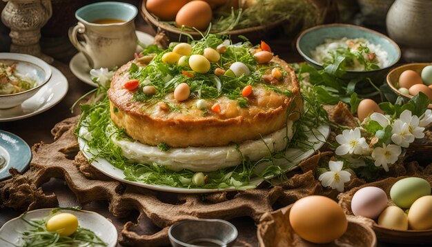 Photo a cake with eggs and a cup of tea on a table