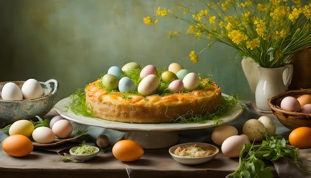 a cake with eggs and flowers on a tray with eggs on it