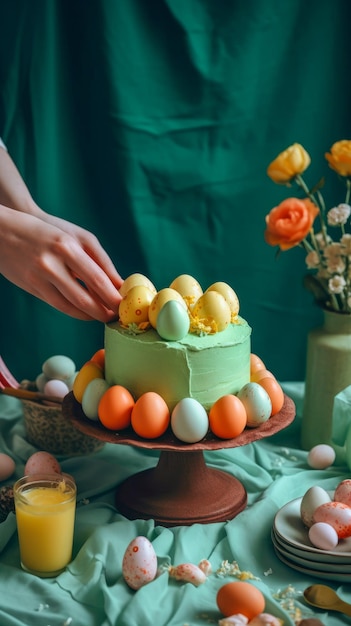 A cake with eggs on it and a woman cutting it.