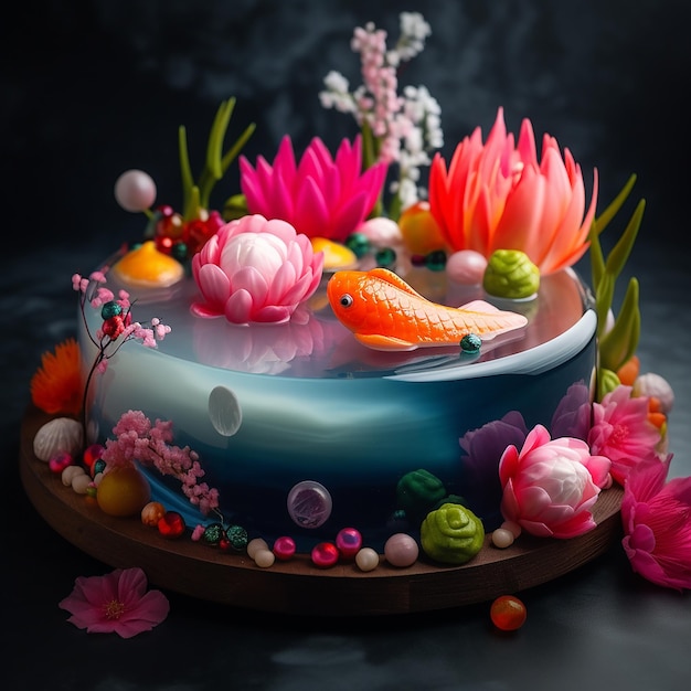 A cake with a fish on it and flowers on the bottom.
