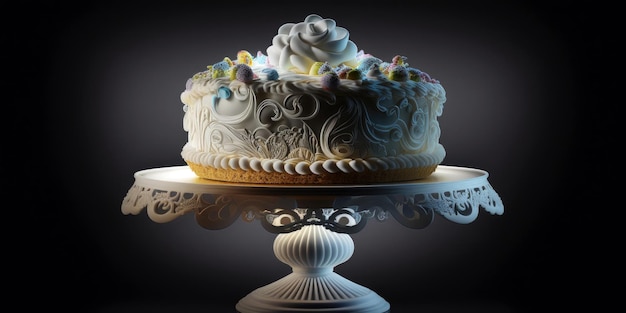 A cake with a floral design on it is on a cake stand.