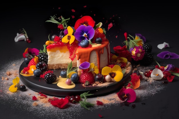 A cake with a flower on it and a plate of fruit on the table