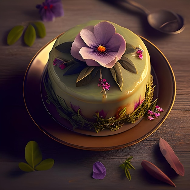 A cake with a flower on it and a spoon on a plate.