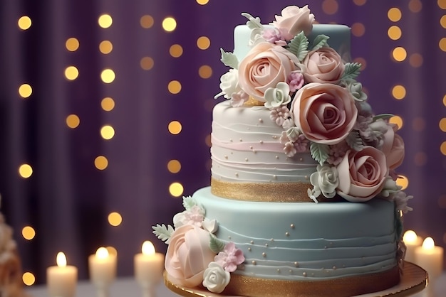 A cake with flowers on it and a candle in the middle.