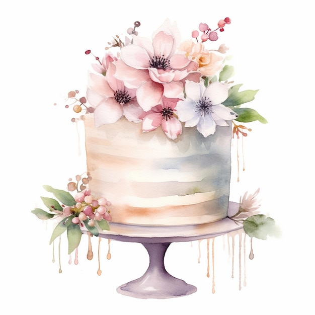 A cake with flowers on it is on a stand.