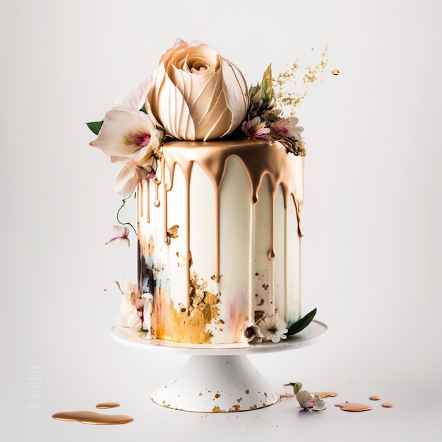 A cake with flowers on it and a white background