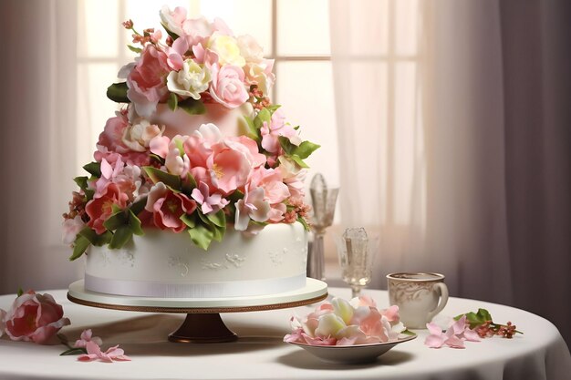 ピンクの背景に花が付いたケーキ Ai Generated