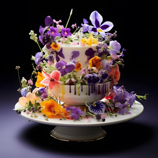 Photo a cake with flowers on the top and a cupcake on the plate.