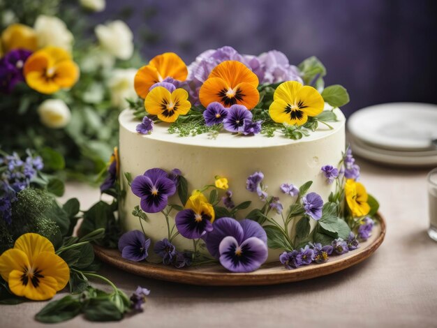 a cake with flowers on top of it on a table with plates