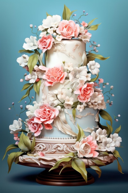 꽃과 그 위에 "케이크"라는 단어가 있는 케이크.