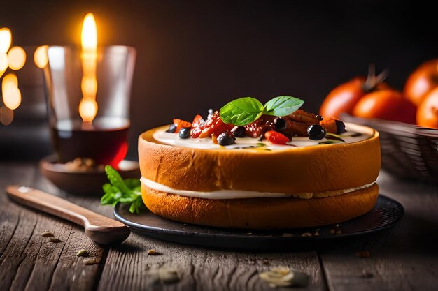 Cake with fruit and a candle on a wooden table