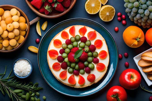 a cake with a fruit on it and a bunch of cherries on the plate.