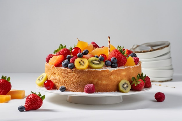 A cake with fruit on it and a cup of coffee behind it.