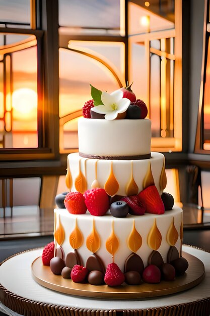 A cake with fruit on it and a flower on the bottom.