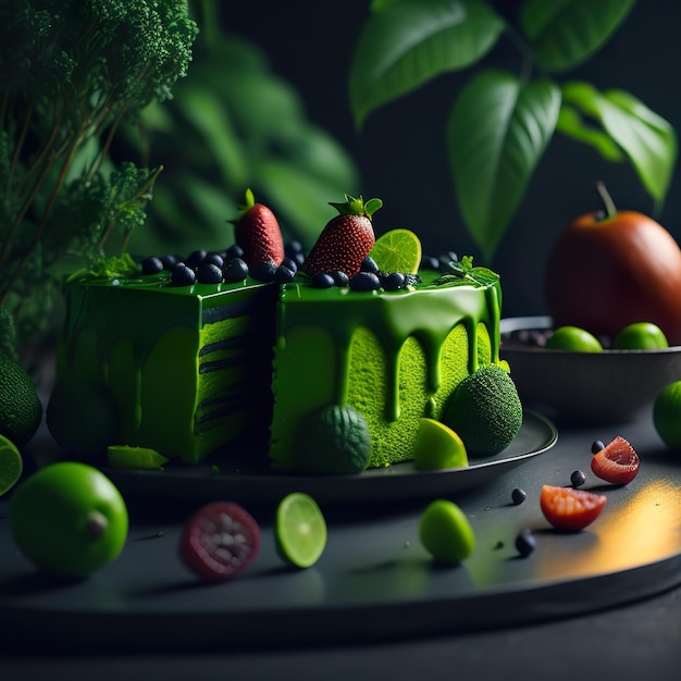 A cake with fruit on it and a green background.