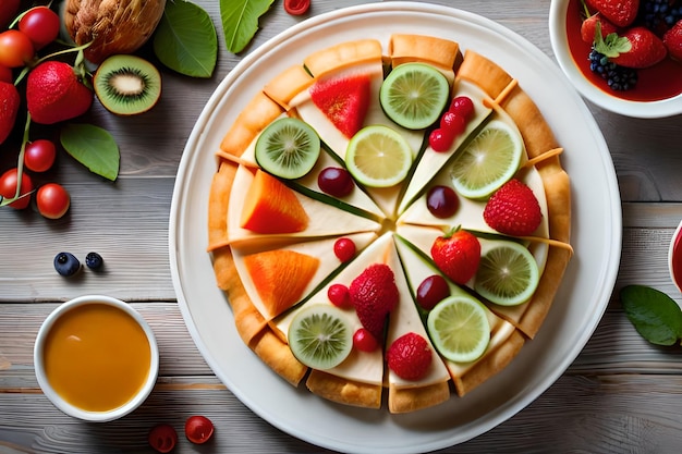 a cake with fruit on it and a plate of fruit on the table.