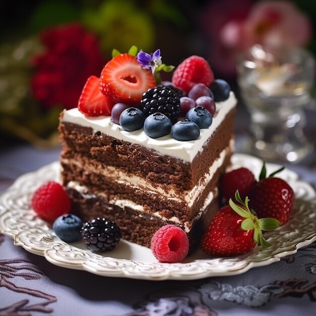 A cake with fruit on it sits on a plate with a flower arrangement