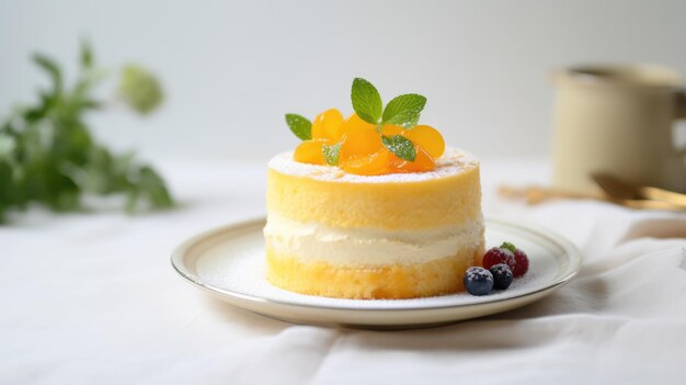 a cake with fruit on it sits on a plate.