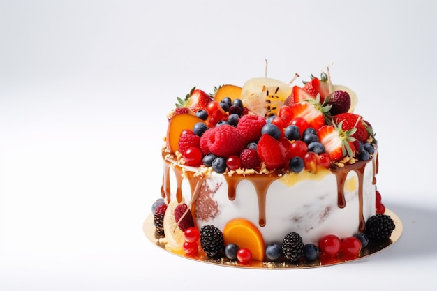 A cake with fruit on it and the word " on the side. "