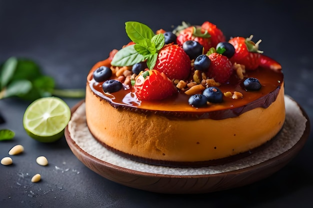 a cake with fruit and a lime on the top