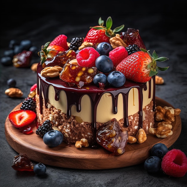 A cake with fruit and nuts on it
