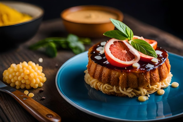 Foto una torta con frutta e un piatto di pasta e un piattino di cibo