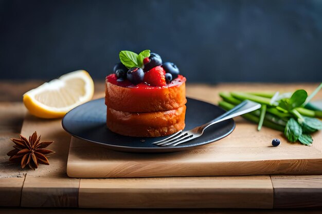 皿に果物と野菜が乗ったケーキ