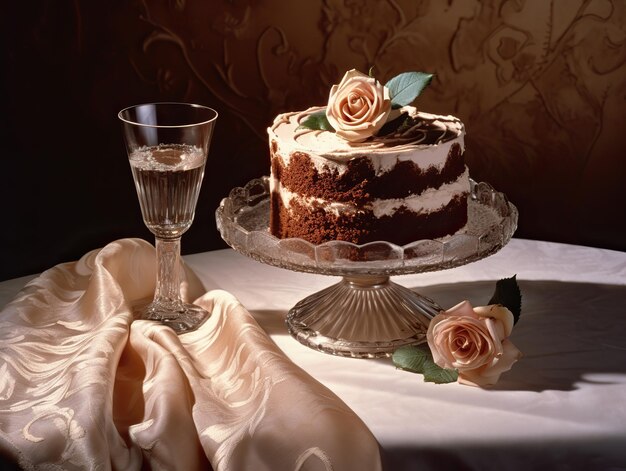 Photo a cake with a glass of champagne on a table