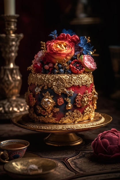 A cake with a gold and blue floral pattern and a gold base.