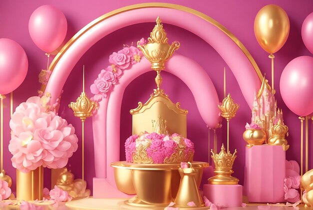 Photo a cake with a gold crown and gold decorations with pink flowers