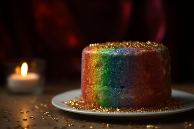 A cake with gold glitter on it and a cake on a plate with a candle in the background.