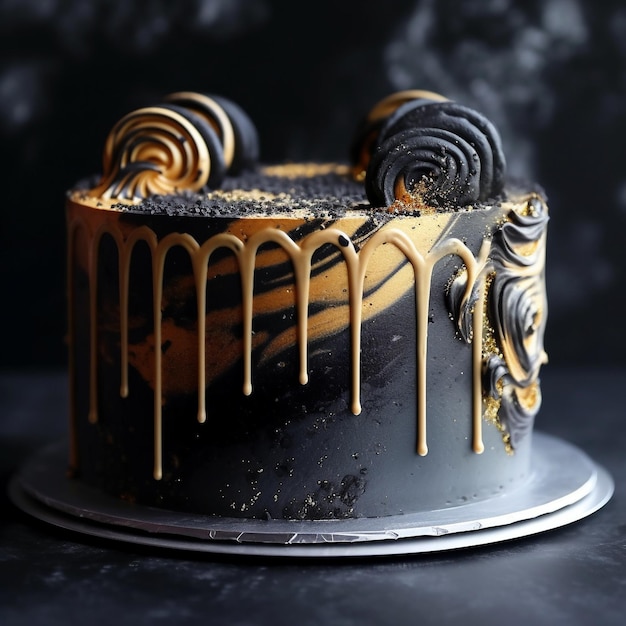 a cake with a gold swirl on it and a silver plate with the number 1 on it.