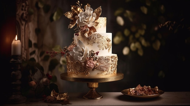 A cake with gold and white frosting and gold flowers